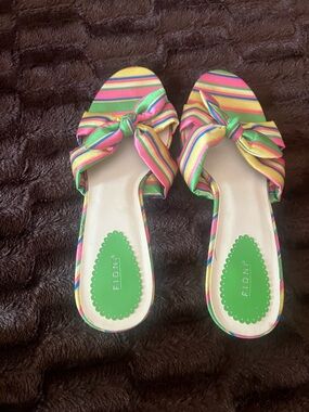 FIONI Shoes Multicolor Striped Knot Slide Sandals Kitten Heels